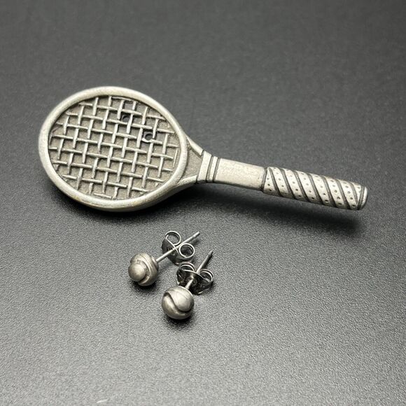 Signed JJ Pewter Tone Tennis Racquet Pin w/ DETACHABLE Tennis Ball Earrings Gift - Picture 1 of 6